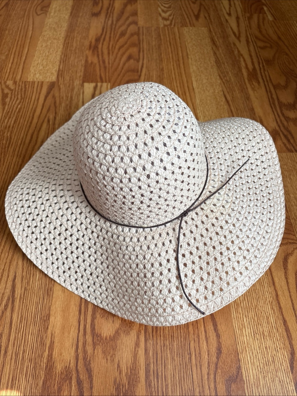 Creamy Pink Large Wide Brim Sun Hat Ladder Braided Straw Thin String Tie Band